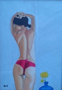 Kvinna och blå vas - Olja på linneduk av Jan Lindgren