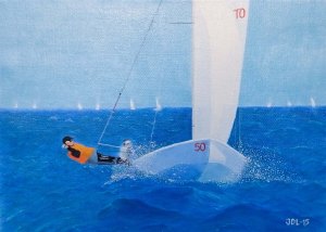 Segel på öppet hav. Olja på linneduk av Jan Lindgren, 2015