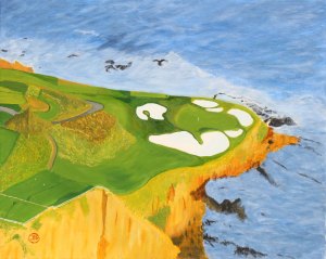 Pebble Beach. Oljemålning på linneduk av JDL. 47 x 38 cm